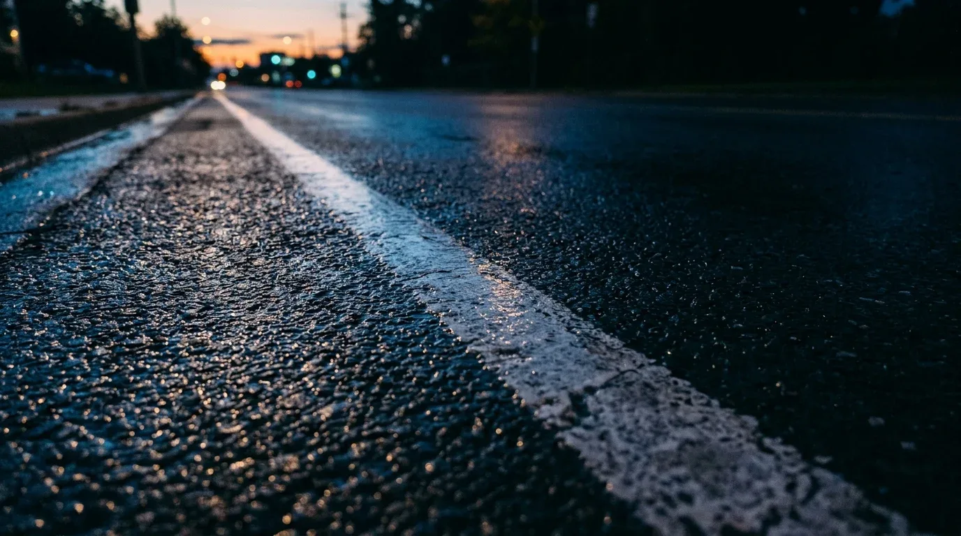 Nasse Asphaltfahrbahn mit weißer Fahrbahnmarkierung im Dämmerlicht